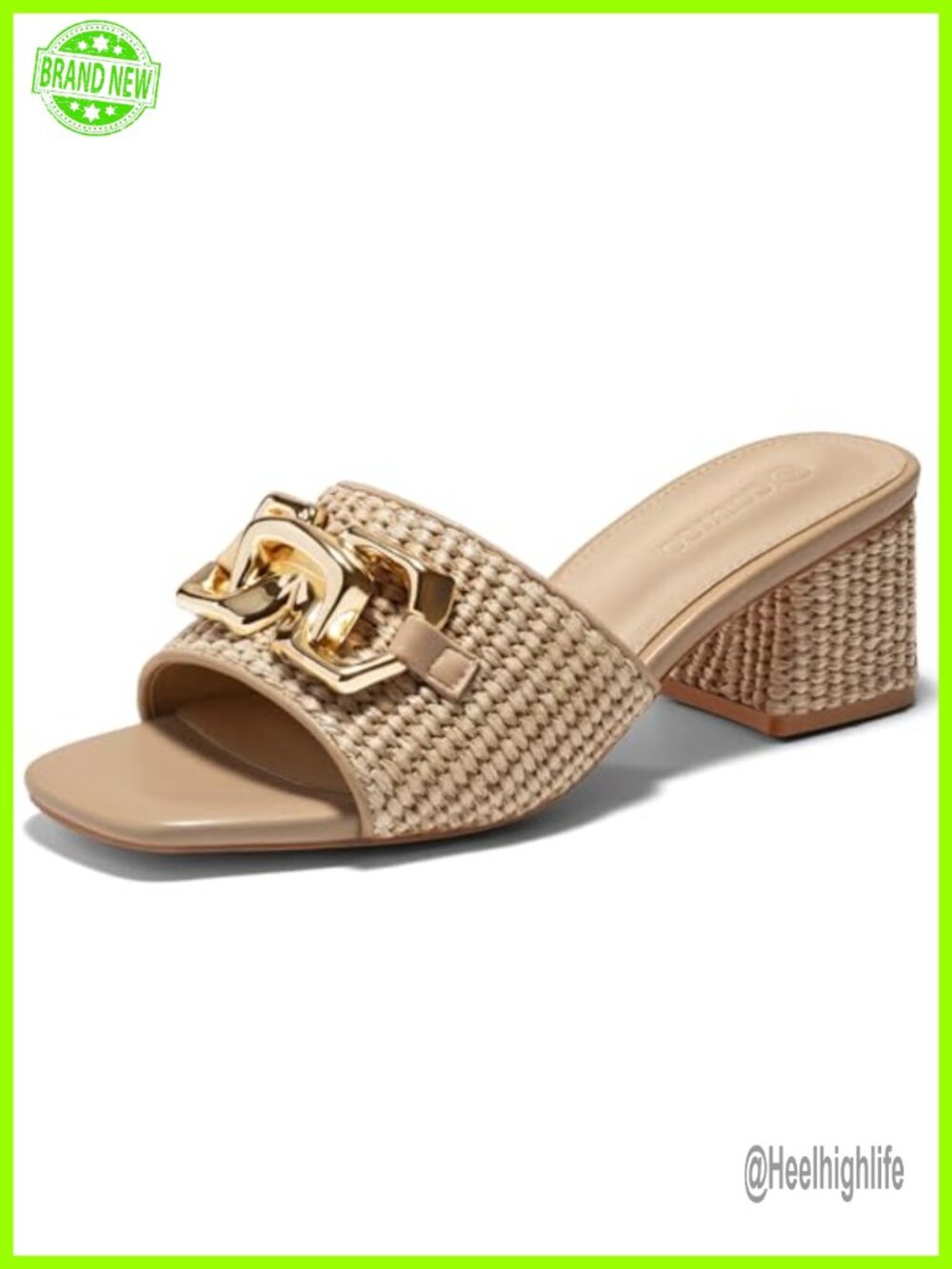 Raffia Slide Sandals Chunky Block Heel Square Open Toe Metal Chain Slip On Mules